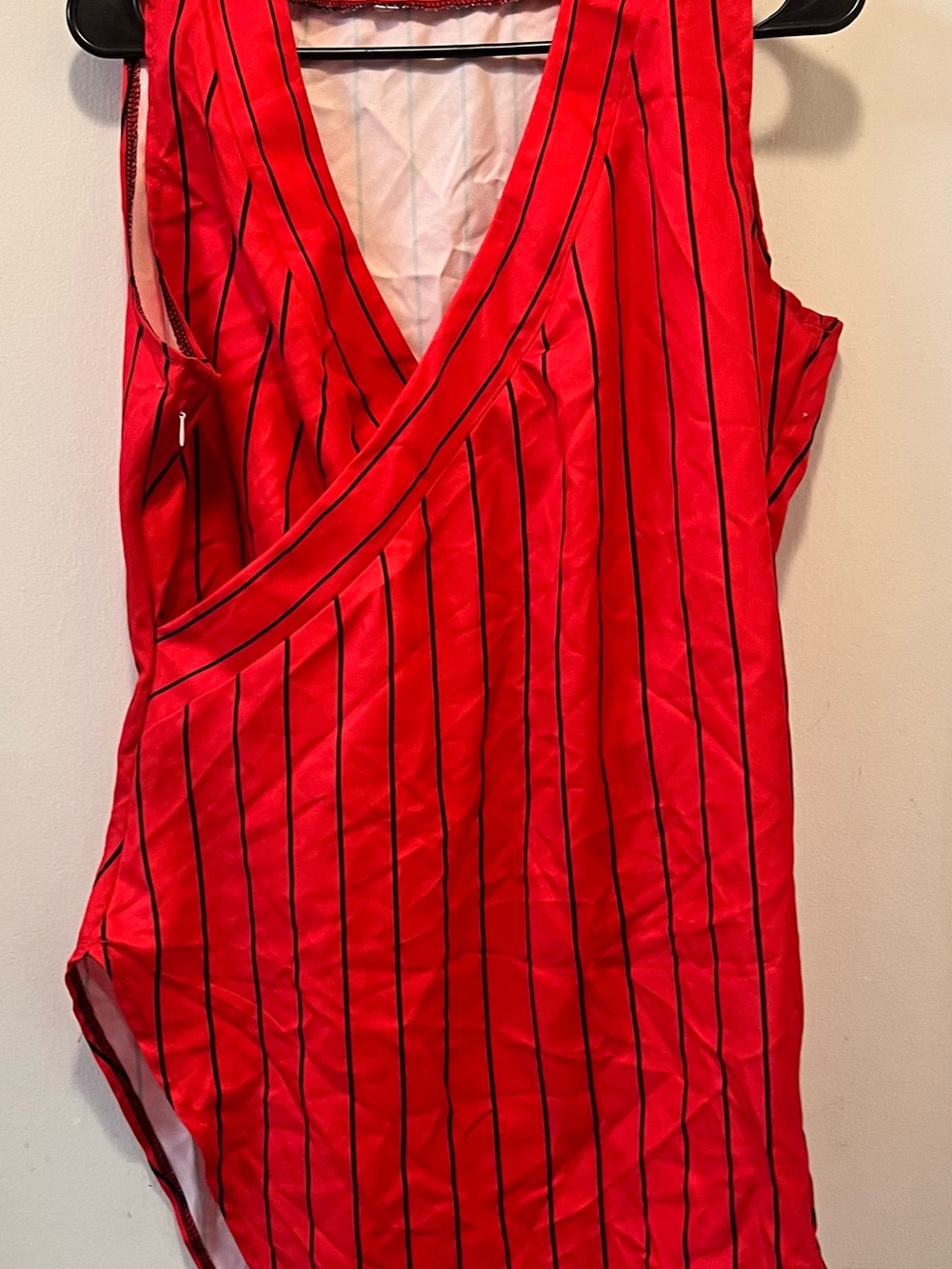 Red Pinstripe Wrap-Front Mini Dress